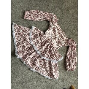 ALEXIS Geometric Embroidered Mini Dress Red White Fringe Balloon Sleeve S